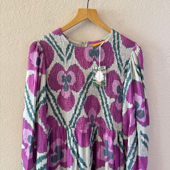 NWT Oliphant Smocked Top Maxi Dress Medium Patola Purple Long Sleeve Tuckernuck - Picture 3 of 16